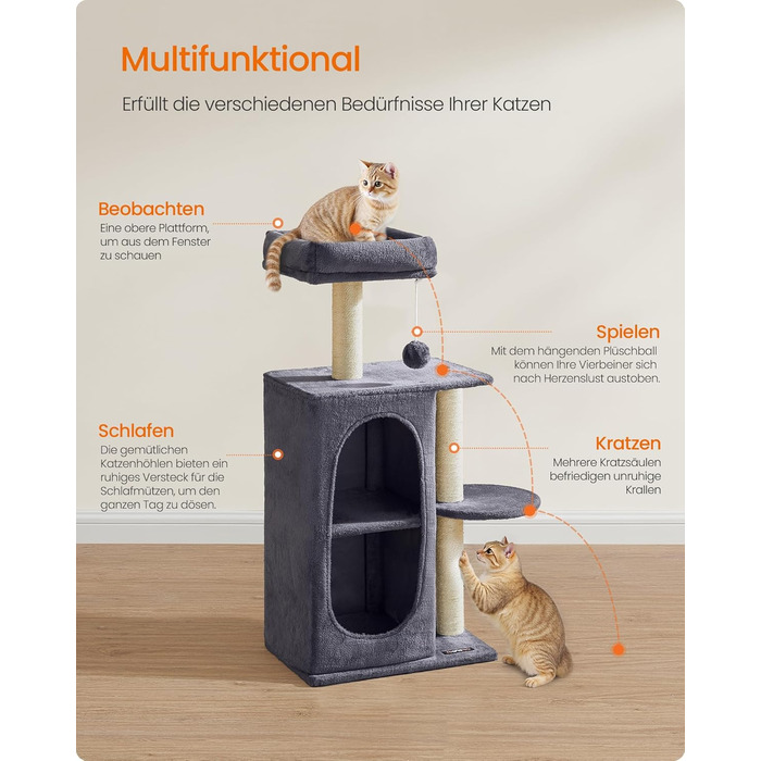 Дряпка для котів Feandrea, кігтеточка з 2 будиночками, кігтеві стовпи, для кількох котів, кошенят, сіра (PCT005G01)
