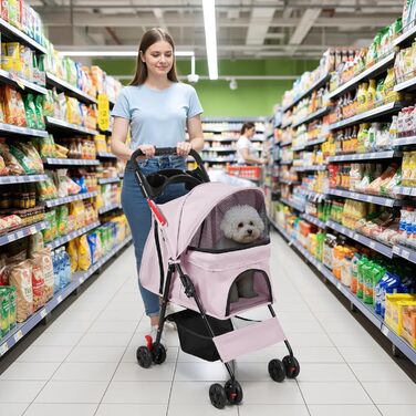 Складаний візок для тварин та дітей з обертовими колесами на 360°, кошиком для зберігання, міцним металевим каркасом та дихаючими сітковими віконцями – портативний переносник для котів та собак до 22 кг (Рожевий)