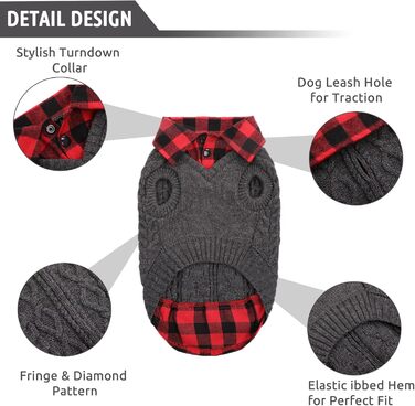 Теплий собачий светр CITÉTOILE з візерунком у клітинку, високим коміром та отворами для повідка – зимовий одяг для собак маленьких, середніх та великих порід, а також для котів, сірий, розмір M