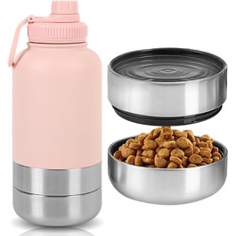 Водяна пляшка для собак на прогулянці, 950 мл, з мискою, ізольована, нержавіюча сталь, термопляшка для собак, рожева