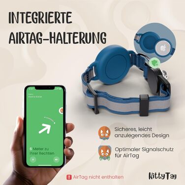 Нашийник для котів KittyTag з аксесуарами, сумісний з Apple Airtag, світловідбиваючий та світосвітний, GPS, захист від задушення, регульований (темно-синій)