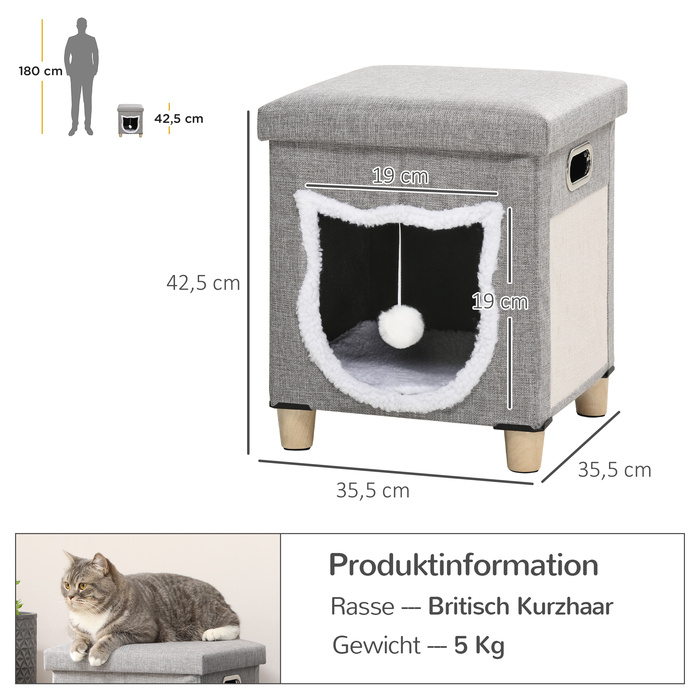 PawHut Cat Cave Пуф з подушкою та килимком для подряпин, Play Ball, протиковзкий, сірий, поліестер для котів