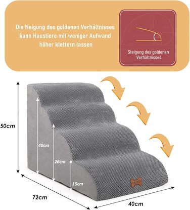 Сходинки для собак Caliyo, 3/4 сходинок, для маленьких собак, з високощільним губчастим матеріалом, знімний чохол та антиковзаюче покриття (60 x 40 x 40 см, сірий)