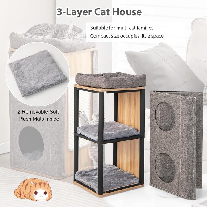 Котячий будиночок SOARS з когтеточкою, 3 яруси, 2 будиночки та лежанка для котів, когтедряпалка, меблі для котів