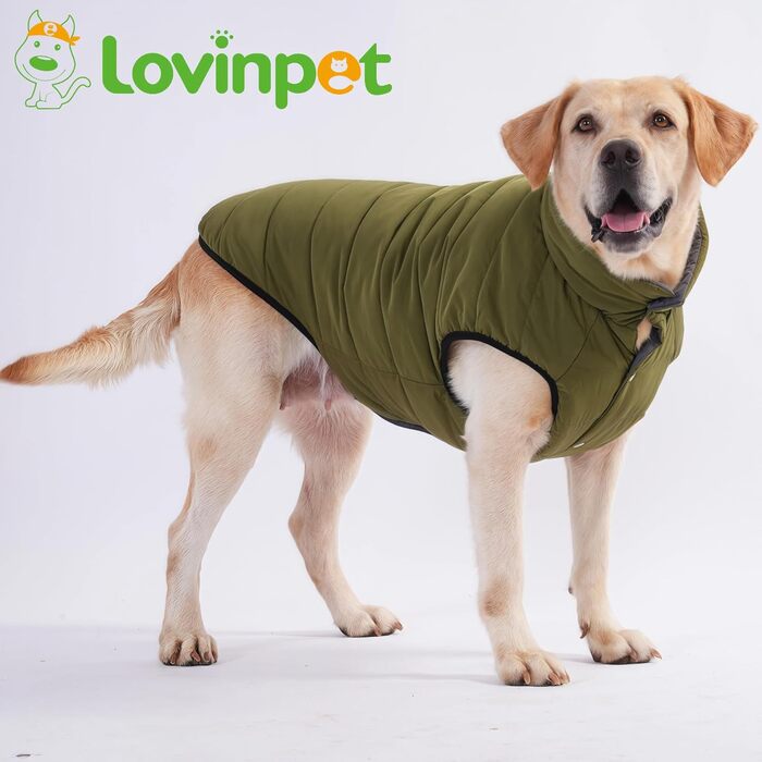 Зимова куртка для собак LovinPet, двостороння, розміри M, L, XL, куртка з ґудзиками, вітронепроникна, снігонепроникна та водонепроникна, темно-зелена та сіра для холодної погоди