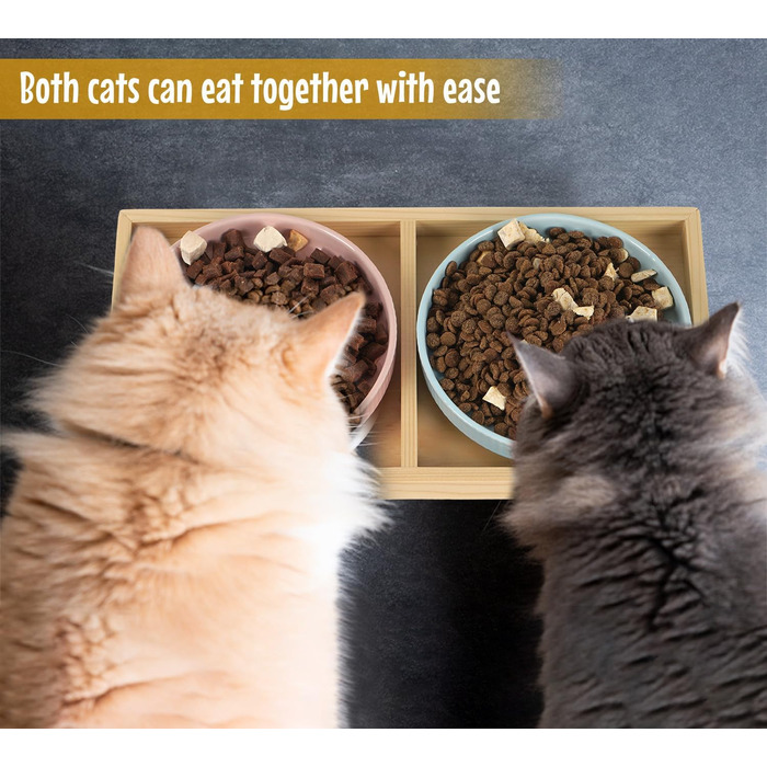 Миска для котів плоска керамічна з дерев'яною підставкою, піднята станція для годування з 2 керамічними мисками, миска для котів, діаметр миски 16 см для їжі та води, рожева & блакитна, блакитно-рожева