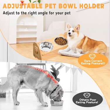 Набір мисок для собак та котів SilverChry: підняті миски з нержавіючої сталі, регульована висота, бамбукова годівниця, 2 шт.