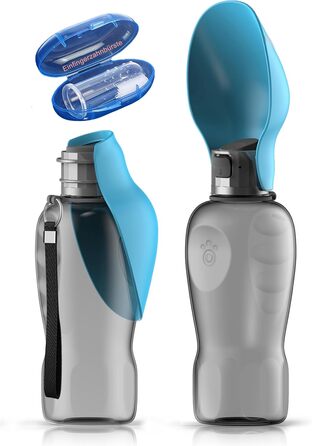 Набір для собак 2 шт: велика складана пляшка для води 800 мл та щітка для зубів | Пляшка для собак преміум-якість, блакитна, 800 мл