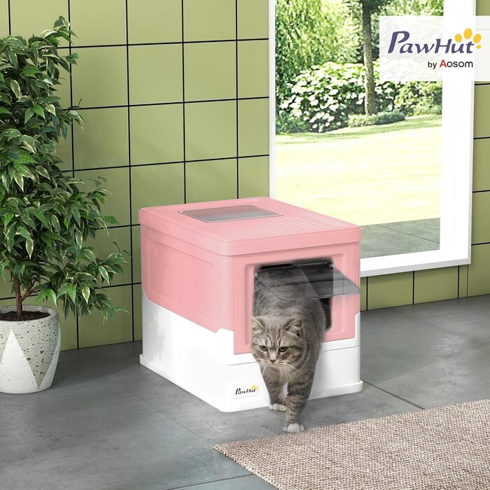 Квітковий лоток для котів PawHut з кришкою, лоток для котів з висувним піддоном, для котів до 5 кг, 47,5 x 35,5 x 36,7 см, білий+рожевий