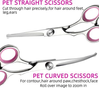 Набір професійних ножиць для собак, 4 в 1: ножиці з круглим носиком, ножиці для фінішування, прямі та вигнуті ножиці, гребінець для грумінгу, з нержавіючої сталі, для собак та котів (рожеві)