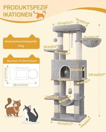 Когтедрашка для котів Hzuaneri, 149 см, з 5 когтеточками, платформами, будиночком, помпонами, сірого кольору MS14918LG
