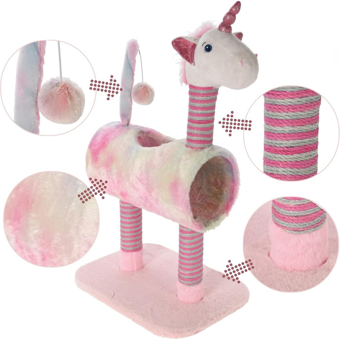 Драбинка для котів Mijoma з дизайном єдинорога, рожевий колір, 3 стовпчики з сизалю, іграшковий хвіст з помпоном, плюшева голова та тунель, 85x40x30 см – ідеально для гри та догляду