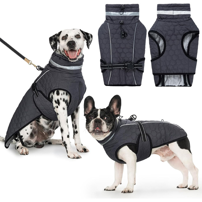 Водонепроникний зимовий теплий куртка для собак з підсумком для повідка. Підходить для малих, середніх та великих собак. Сірий колір.