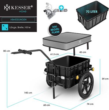 Причіп для велосипеда KESSER®: вантажний, ручний, з кутом нахилу, об'ємом 70 літрів (2 ящики пива) + аксесуари, 26-28 дюймів (сірий)