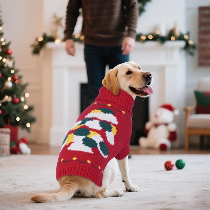 Теплий святковий пуловер для собак, котів, дрібних порід (Даксель, Пудель, Ши-тцу) - зелений (Medium, червоний)