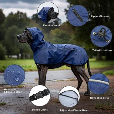 Дощовик для собак Mosucoirl: водонепроникний дощовик з регульованою капюшоном та отвором для повідка (Navyblau, L)