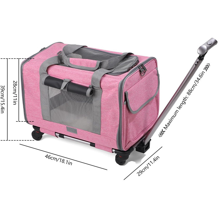 Транспортна сумка на колесах для котів та собак, переноска з телескопічною ручкою та знімними колесами, складана переноска для маленьких та середніх собак та котів (Рожева)