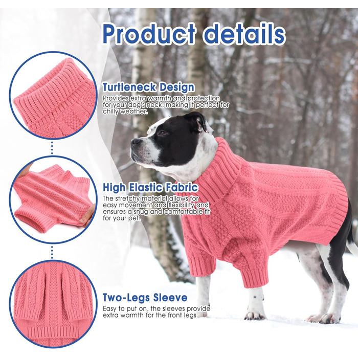 Пуловер для собак Queenmore середнього розміру, для дівчаток та хлопчиків, м'який пуловер для собак на Різдво, водолазка, одяг для домашніх тварин, в'язаний, м'який, M Рожевий