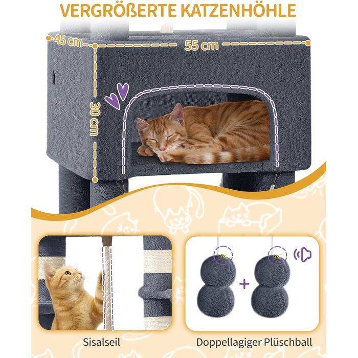 Кігтеточка для котів Hzuaneri 176 см, XL, 3 платформи, 2 печери, 7 стовпчиків, гамак, плюшеві кульки, для багатокотових сімей, темно-сірий MS17618SG