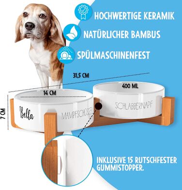 Миска для собак OWLBOOK з гравіюванням імені, керамічна миска для корму та води з бамбуковим підставкою, 300 мл