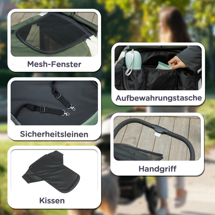 PawHut Dog Buggy Dog Buggy Foldable для великих собак і кішок до 30 кг Cat Buggy з подушками Сітчасті вікна Двері Сумка для зберігання Cat Buggy з страхувальними тросами, гальмами, баггі темно-зелений | Аосом