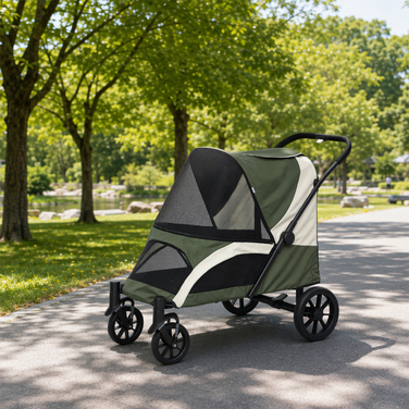 Складаний візок для собак середніх порід, прогулянковий buggy для домашніх тварин на 4 колесах із гальмами та страховим повідцем, темно-зелений