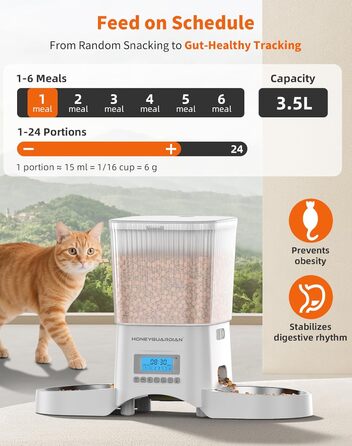 Автоматичний годівник для котів та собак HoneyGuaridan з 2 мисками (3.5L, білий)
