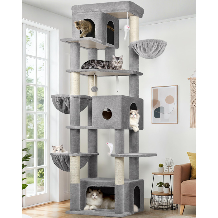Драбина для котів Globlazer 204 см з 3 будиночками, 2 великими платформами, 3 м'якими кошиками, стабільна для 3-5 котів, для відпочинку, ігор та дряпання, сірий колір (XXL)
