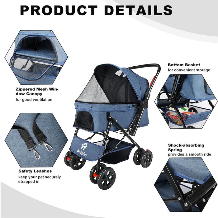 Візок для собак Wedyvko до 20 кг, 4 колеса, складний, для маленьких та середніх собак та котів, з кошиком та тримачем для напоїв, блакитний