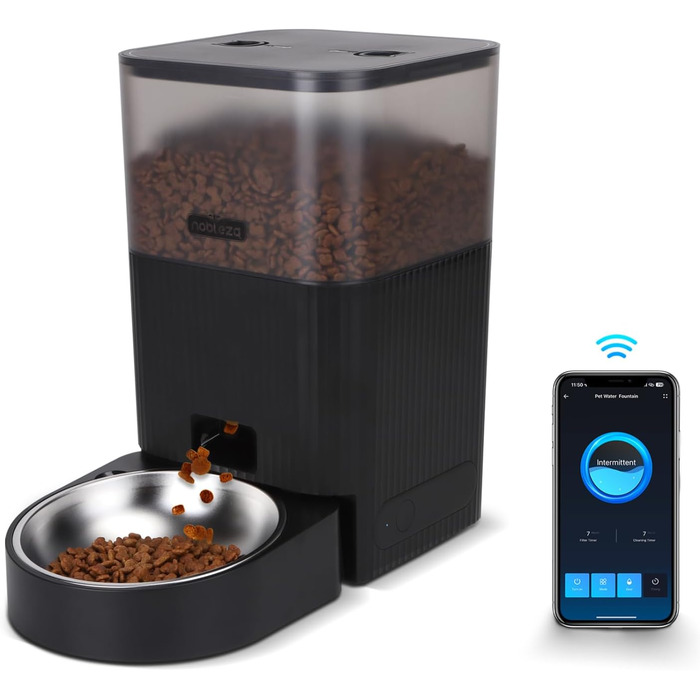 Автоматичний годівниця для котів та собак Nobleza з Wi-Fi, 4.2L, таймер, 10S запис голосу, 1-10 порцій, миска з нержавіючої сталі та пакетик силікагелю, чорний