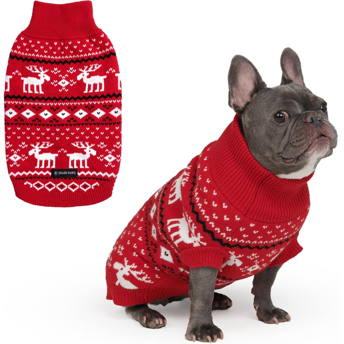 Теплий зимовий пуловер для собак Spark Paws – ультрам'який, еластичний, для французьких бульдогів, пітбулів, дрібних, середніх та великих собак (Dasher Red, L: 7-10 кг)