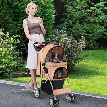 Собачий візок SOARS для тварин до 15 кг, складний, з сітковими віконцями, тримачем для напоїв та кошиком для зберігання, для маленьких тварин (Бежевий)