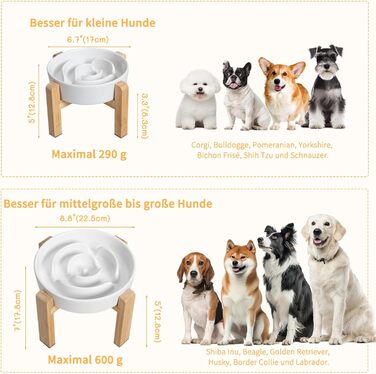 Миска для собак антиблік з кераміки, піднята - миска для собак на бамбуковому антиковзному підставці, миска для повільного годування, для собак маленьких та середніх порід, біла, діаметр 17 см, 1.25 CUP