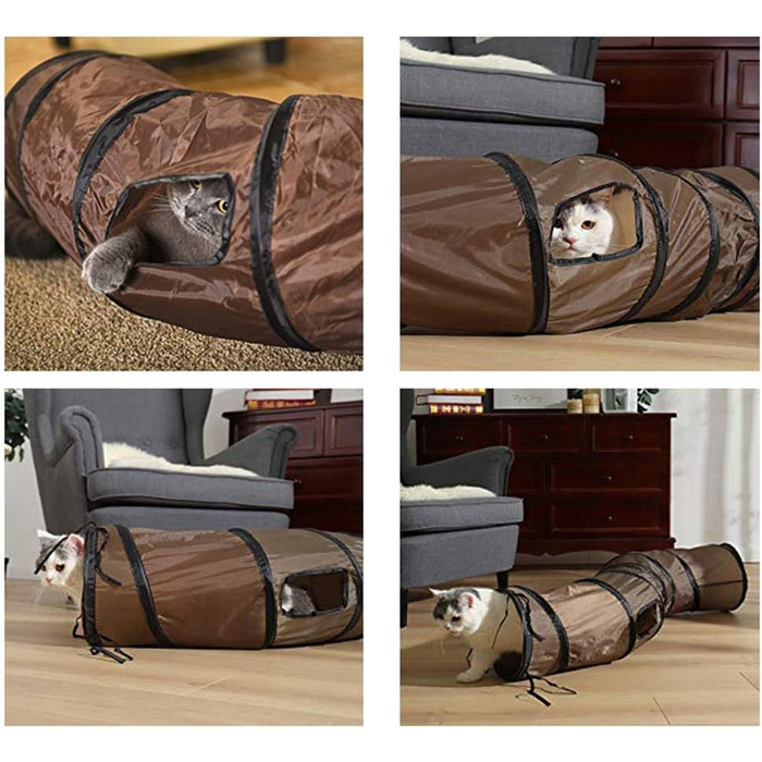 Туннель для котів Andiker S-подібної форми, складаний, іграшка-пазл для гри в приміщенні та на вулиці, з 2 бічними отворами (коричневий)