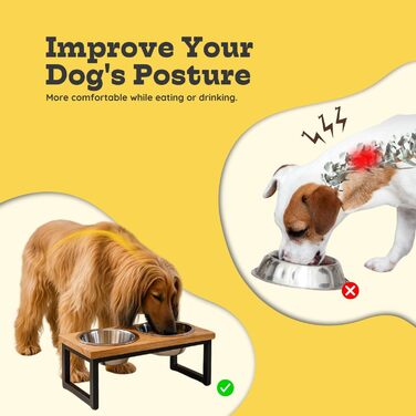 Підвищений дерев'яний стійка для собак AASPIRE PETS з 2 нержавіючими мисками – для води та корму, об'єм 0,9 л, годівниця для собак середніх та великих порід