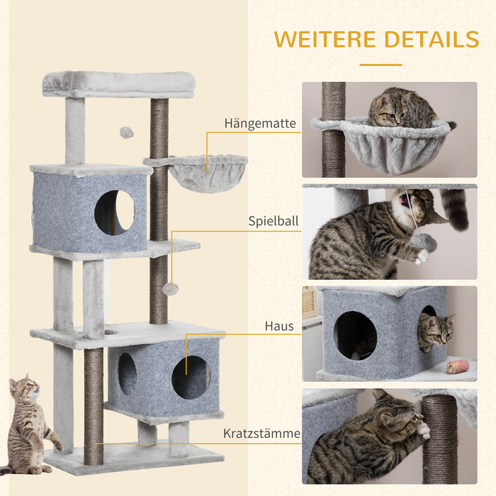 PawHut Cat Tree 142 см Котяче дерево з печерами та платформами, Сизалева колона, іграшка, захист від нахилу, сірий для активних котів