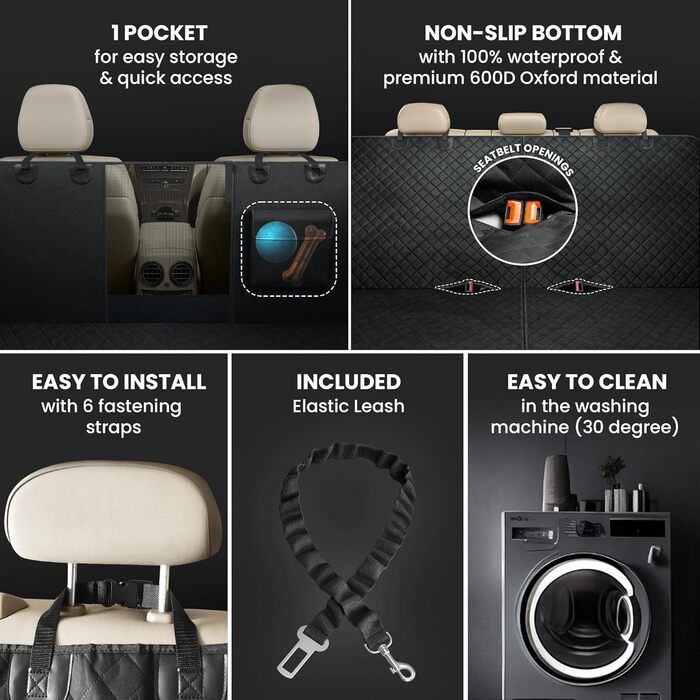 Захисний килимок для собак у машину: заднє сидіння, багажник, переднє сидіння + поводок для собак | Водостійкий, неслизький, можна прати | Захист сидіння авто від собак, багажника, сидінь | М'який чорний килимок для собак