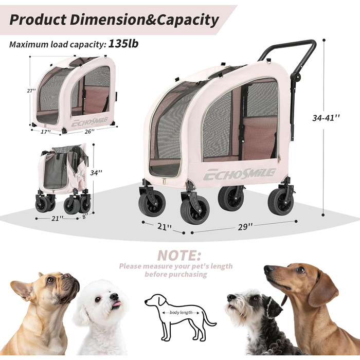 Візок для собак EchoSmile для маленьких та середніх собак до 20 кг, позашляховий, складний, з подвійним гальмом, ремені безпеки та сітчасті вікна (Рожевий)