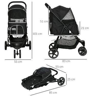PawHut Buggy для собак та котів, чорний, 83x55x101 см, складна конструкція, EVA колеса, регульований кермо, корзина