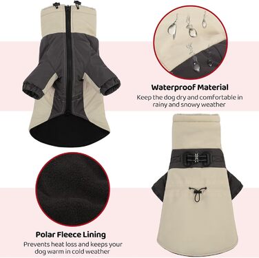 Зимовий одяг для собак, водонепроникний та вітронепроникний з отвором для повідка, для малих, середніх та великих собак, світловідбиваюча куртка з захистом живота, бежевий