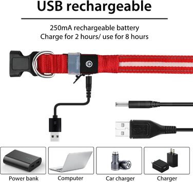 Світлодіодне нашийник для собак Masbrill, світловідбиваючий, водонепроникний, регульований, з 3 світлодіодами, для малих, середніх та великих собак, червоний, L