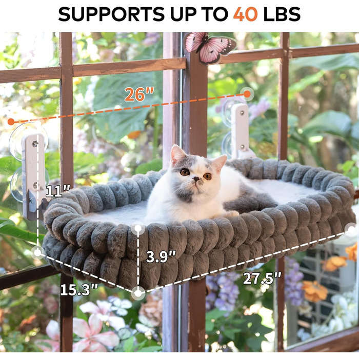 Кішка ліжко-гамак для вікна CheerPals, знімний двосторонній чохол, міцна сталева рама, до 18 кг, білий/сірий L