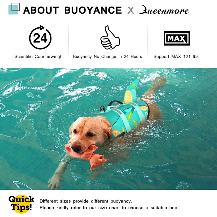 Жилет рятувальний для собак Queenmore, регульований, для середніх та великих собак, з високою плавучістю та міцним ручним тримачем