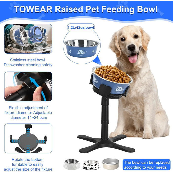 Підвищений годівниця для собак на підставці з нержавіючої сталі, 3 регульовані висоти, годівниця з ABS-пластику для маленьких/середніх/великих собак, неслизька (чорний-L) Для середніх та великих собак