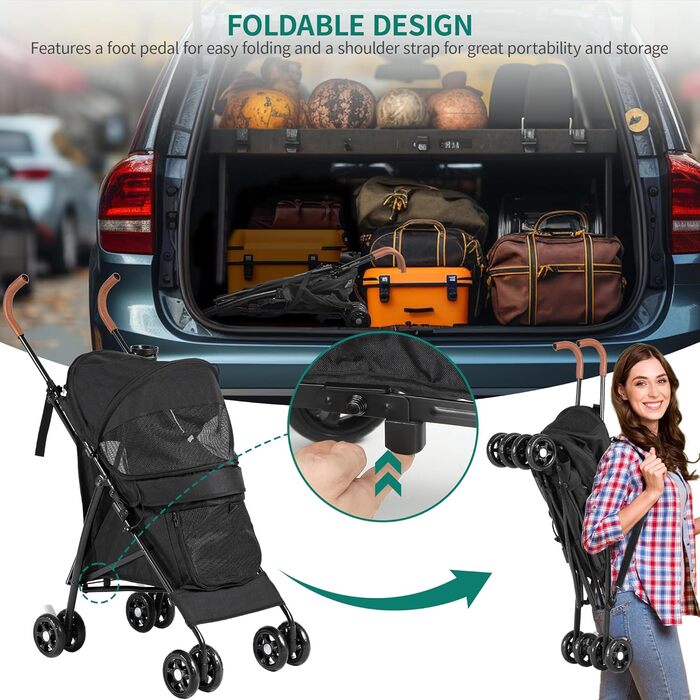 Візок для собак та котів YITAHOME Bis 11,3kg, чорний: складаний, з EVA-колесами, кошиком, сіткою, тримачем для напоїв