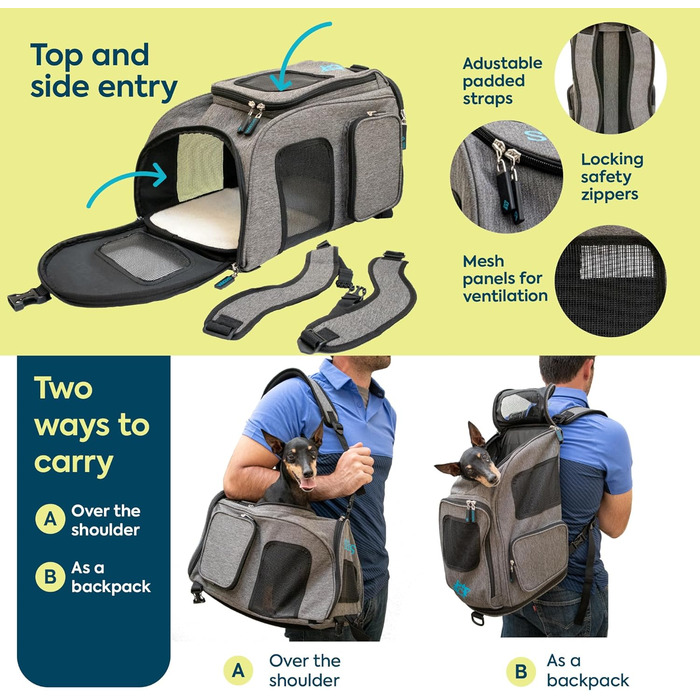 Рюкзак-переноска для тварин Sherpa 2-в-1, сірий, розмір M (43x27x28 см), дозволений авіакомпаніями, машинного прання, з сітчастим вікном, безпечними замками, легким каркасом