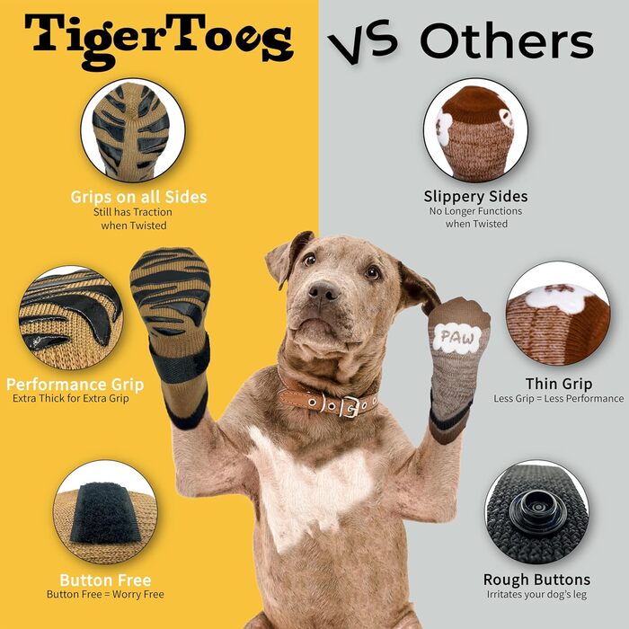 DOK TigerToes Преміум нековзкі шкарпетки для собак для паркету, з товстою підошвою, захист від слизькості та лизання лап, універсальні