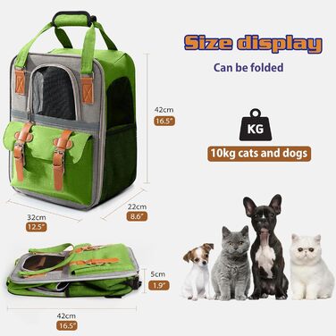 PETCUTE Рюкзак для собак і котів, дихаючий, для маленьких тварин, з відбиваючими смугами, складаний, знімний килимок, страхувальний ремінь, для прогулянок (зелений)