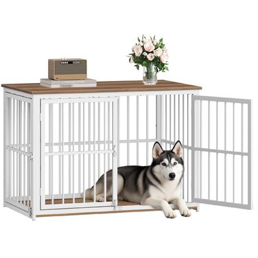 Будиночок для собаки 100x60x70 см, дерев'яний, з 3 дверима, вінтажний коричнево-білий, для середніх та великих порід