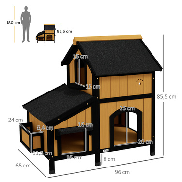 PawHut Cat House, Ялинове дерево, Котячий будинок з кількома входами, 2 поверхи, Котяча печера для вулиці, Невеликий будинок для тварин з асфальтовим дахом, Коробка для квітів, Зимостійкий, Рельєфний дизайн, Жовтий, 96 x 65 x 85,5 см | Аосом
